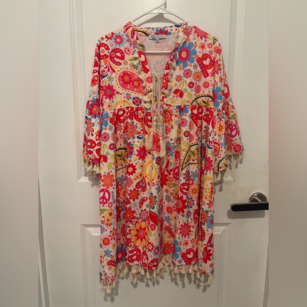 Colorful Floral Paisley Midi Dress with Tassel Tie